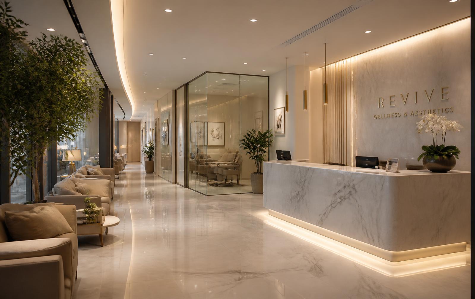 Luxury aesthetic clinic reception and recovery lounge